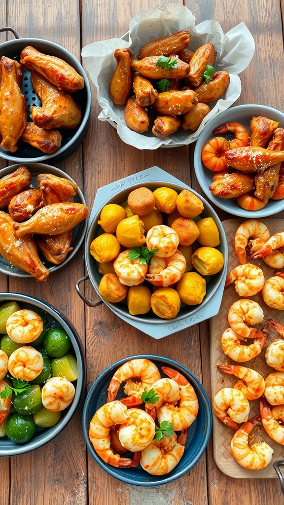 A vibrant spread of air-fried chicken wings, Brussels sprouts, and shrimp on a wooden table with herbs and cheese.
